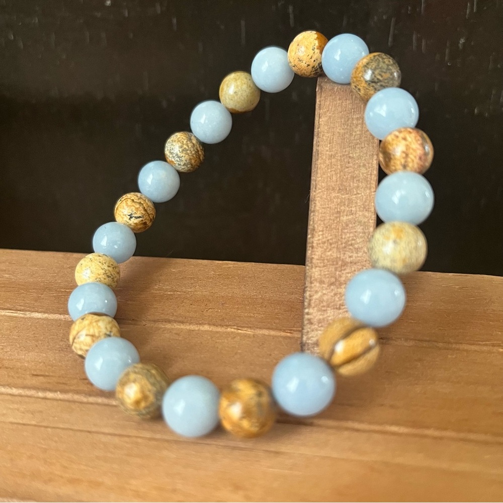 Blue Angelite & Picture Jasper Natural Stone Crystal 8mm Beaded Stretch Bracelet